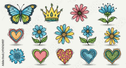 Whimsical doodles featuring butterflies, flowers, hearts, and a crown rendered in bright colors