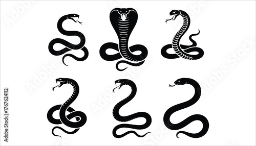 Six black snake silhouettes with fangs and forked tongues on white cobra serpent