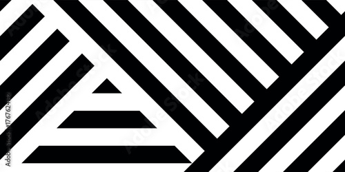 Abstract black and white geometric pattern with intersecting diagonal lines forming a striped triangular shape.