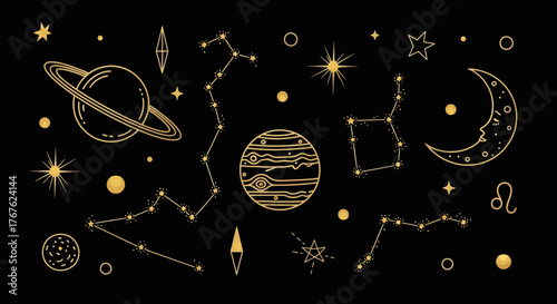 Golden celestial elements showcasing planets constellations stars and crescent moon design
