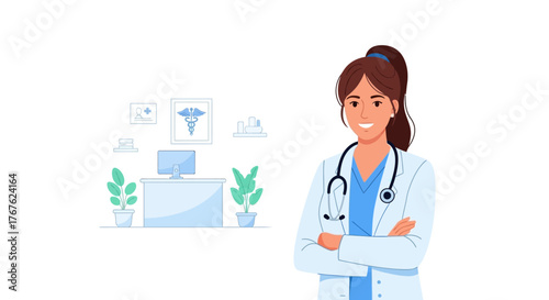 Smiling Female Doctor Standing Confidently in Modern Clinic Office, Offering Professional Medical Consultation and Expert Healthcare Services