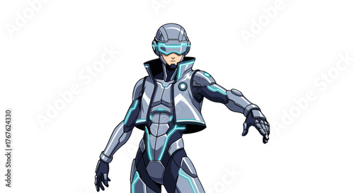 futuristic character with cybernetic enhancements, wearing a sleek, high-tech suit and visor, ready for action in a sci-fi setting