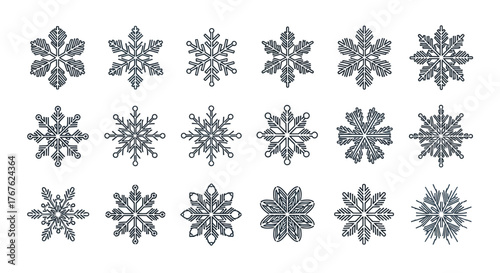 Set of intricate snowflake designs for winter and festive decorations, with detailed patterns