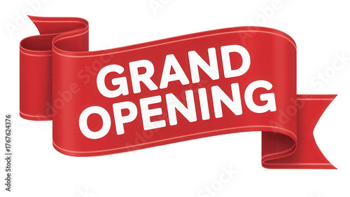 Bold red ribbon banner announcing grand opening event isolated on transparent background