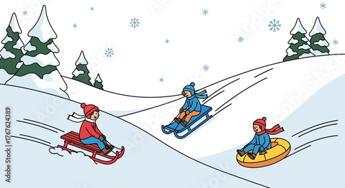 Winter fun with children sledding and tubing down snow-covered hills during snowfall