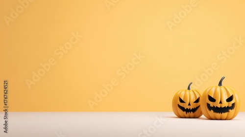 Two Halloween Pumpkins with Scary Faces on Yellow Background