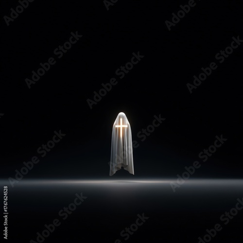 Ethereal Light and Shadow Concept with Shrouded Figure and Cross
