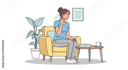 Woman sitting on a sofa feeling unwell and touching her throat