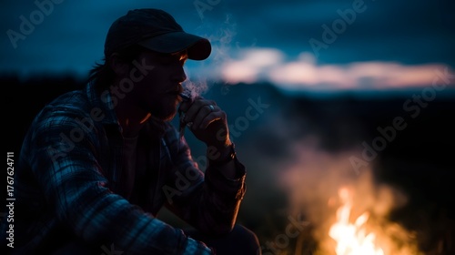 A man in a plaid shirt and cap sits by a campfire at dusk exhaling smoke into the twilight air
