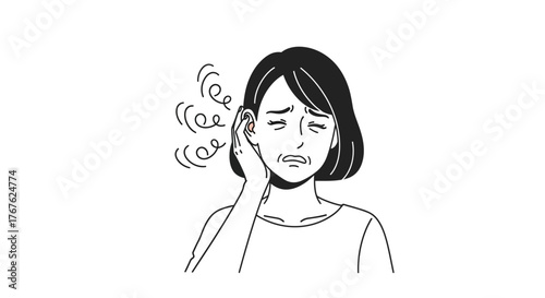 Woman with ear pain, illustrating hearing issues and health concerns, line art