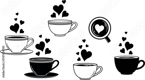 Coffee cups with hearts vector illustration for valentine's day design elements