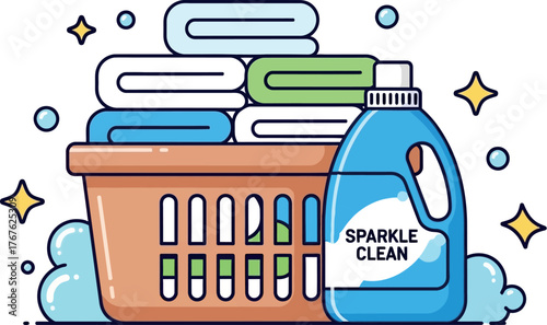 Laundry detergent and folded towels in basket for cleaning and washing clothes at home