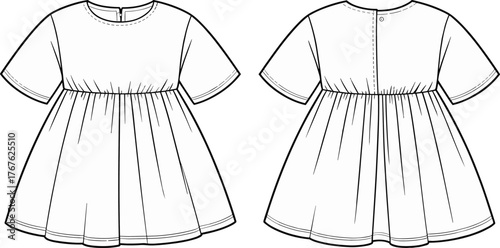 Baby doll dress template, front and back view, empire waist, short sleeves, fashion sketch, vector garment design, clothing mockup
