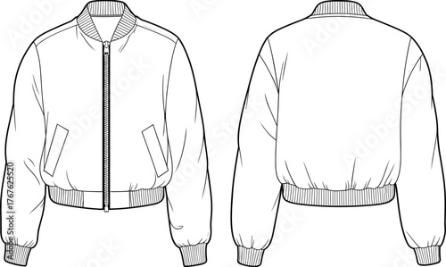Bomber jacket template, front and back view, zipper closure, ribbed waistband, fashion sketch, vector garment design, clothing mockup, casual wear