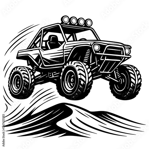 modern dune buggy jumping over a dune