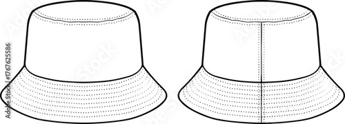 Bucket hat template, front and back view, stitched brim detail, fashion sketch, vector garment design, clothing mockup, casual accessory