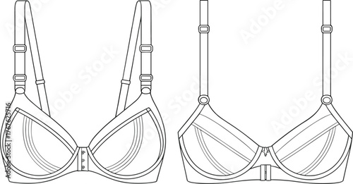 Bra template, front view, adjustable straps, seam detail, underwire support, fashion sketch, vector garment design, clothing mockup, lingerie style