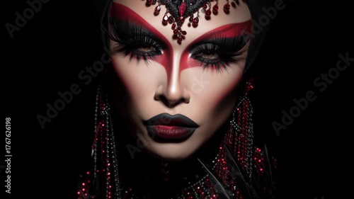 Close-up of a drag queen with dramatic red and black makeup, jeweled accessories, and powerful gaze. Ideal for beauty, fashion, pride, art, and LGBTQ+ editorial concepts.