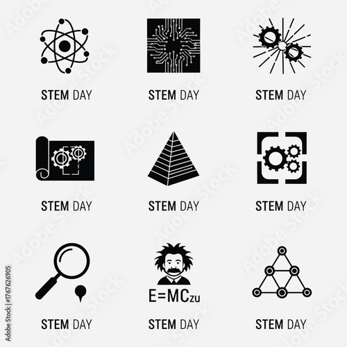 Comprehensive collection of STEM icons illustrating science, technology, engineering, and mathematics concepts for educational programs and digital resources