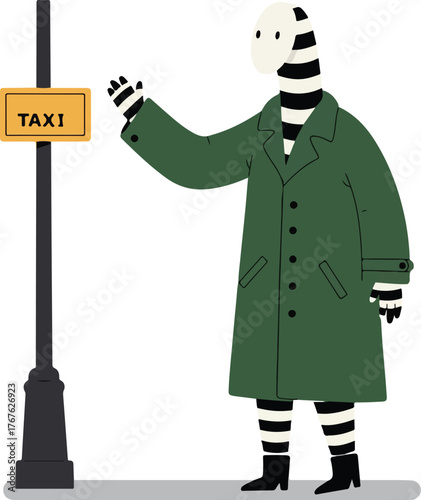 Zebra wearing a green coat hails taxi next to sign. Perfect for transportation, animal, funny concept, and urbanthemed designs.