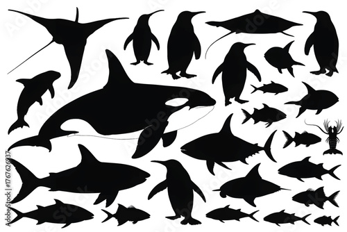 Black marine animal silhouettes set including whale, shark, penguin, fish, and sea creatures, perfect for vector art, design, and decoration.