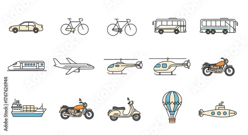 Diverse vector icons of transportation methods, featuring vehicles for land, air, and sea. Perfect for travel, urban planning, logistics, and mobility designs, enhancing any project