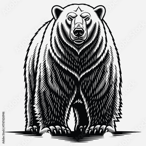 Powerful stylized bear illustration in a detailed linocut-inspired style, a formidable black and white graphic representing strength, wilderness, and primal energy for branding and design projects