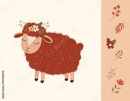 A charming boho illustration of a cute brown sheep with a flower crown. This whimsical vector set includes matching autumn floral elements, perfect for rustic nursery decor or seasonal designs