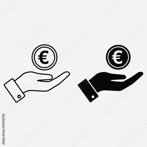 Simple line and glyph icon set of a hand holding a Euro coin, symbolizing finance, payment, and investment