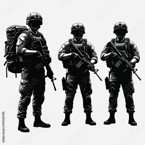 Military Soldiers Posing in Formation Vector Illustration for Tactical and Army-Related Design