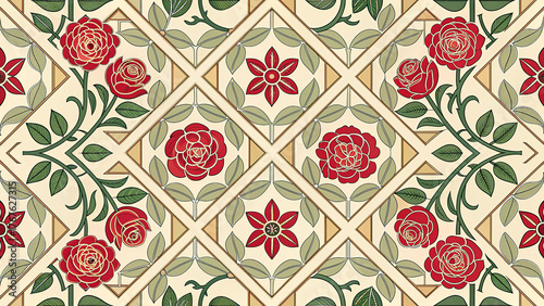 European Tudor Rose Lattice Seamless Pattern, Western Heraldic Floral Diamond Tile, Medieval Renaissance Geometric Vector, Red Green Gold Vintage Repeat Wallpaper Background