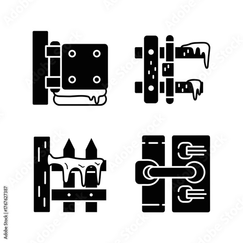 Frozen gate hinge icon set for cold weather security and protection, winter season hardware illustration
