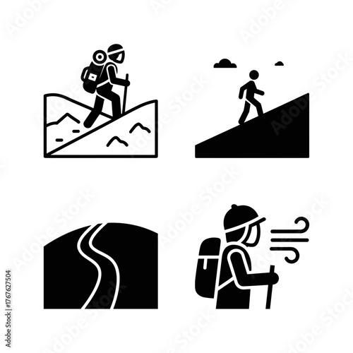 Backpacker in snowy hills icon collection, hiking and outdoor activities