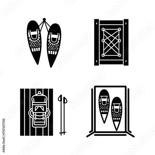 Vintage snowshoe icons in black and white, winter sports and outdoor adventure symbols