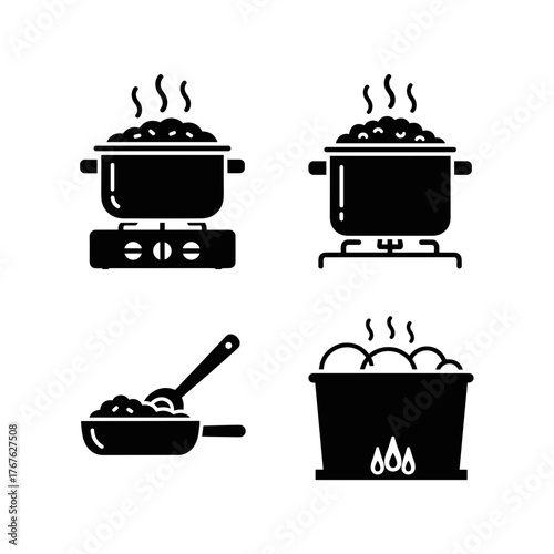 Steaming porridge on stove in black and white icons, cooking and food preparation symbols