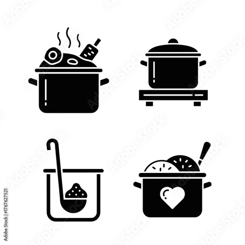 Cooking pot icons with ladle and food illustrations, kitchenware and culinary tools symbols