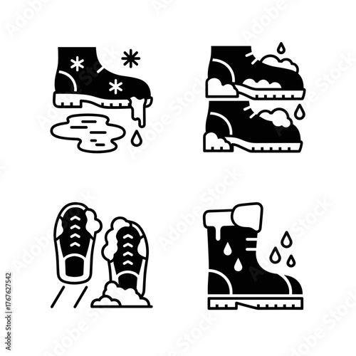 Melting snow on shoes icons, winter footwear protection and weather illustration