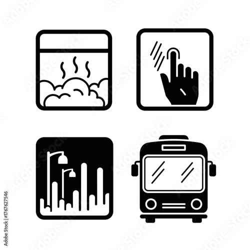 Public transport and city weather icons, urban travel and commuting concept