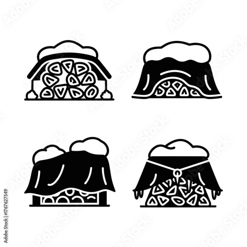 Firewood under snow tarp in winter storage icon set, outdoor protection and seasonal preparation