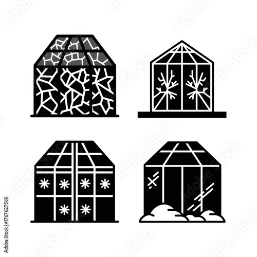 Frosted greenhouse pane icons depicting winter protection and insulation design