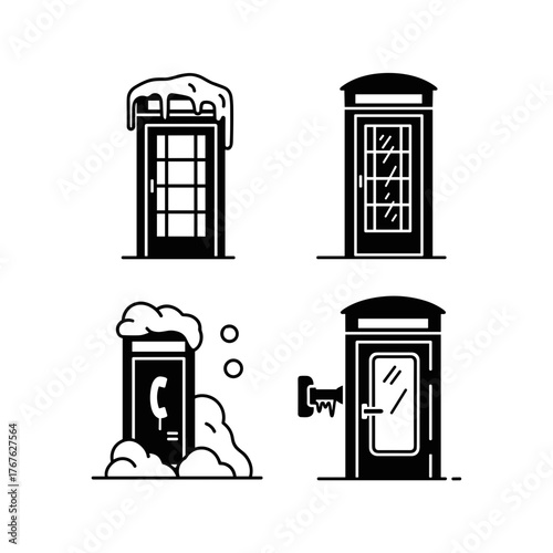 Ice covered phone booth variations, winter communication challenge concept