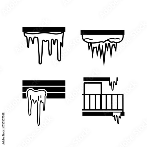 Icicles under balcony illustrations, winter weather icons and season safety awareness