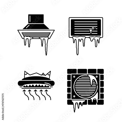 Icicles hanging from vent in winter, cold weather impact on ventilation systems