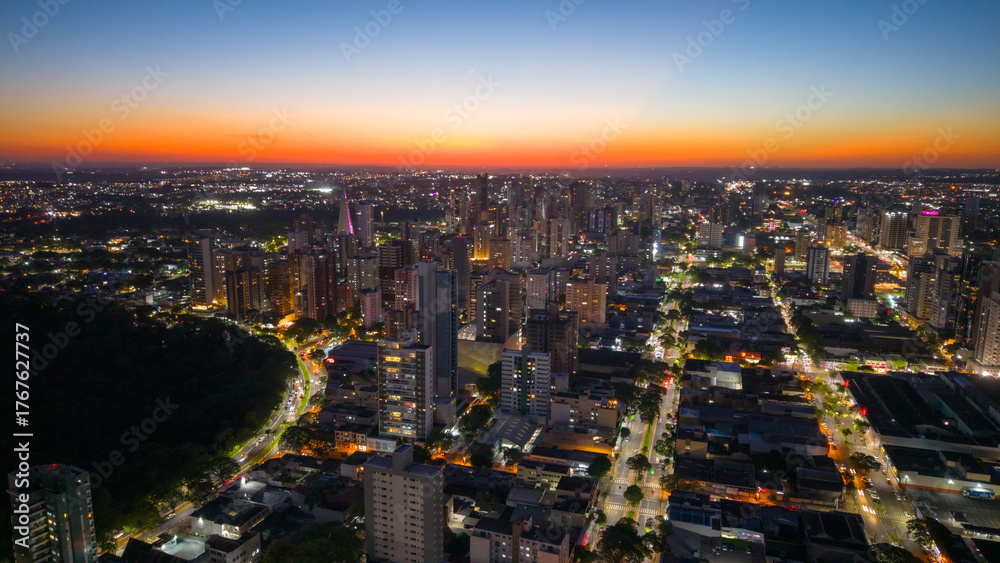 Fototapeta premium Aerial View of Maringa, Cathedral and downtown. Several buildings. Paraná, Brazil.