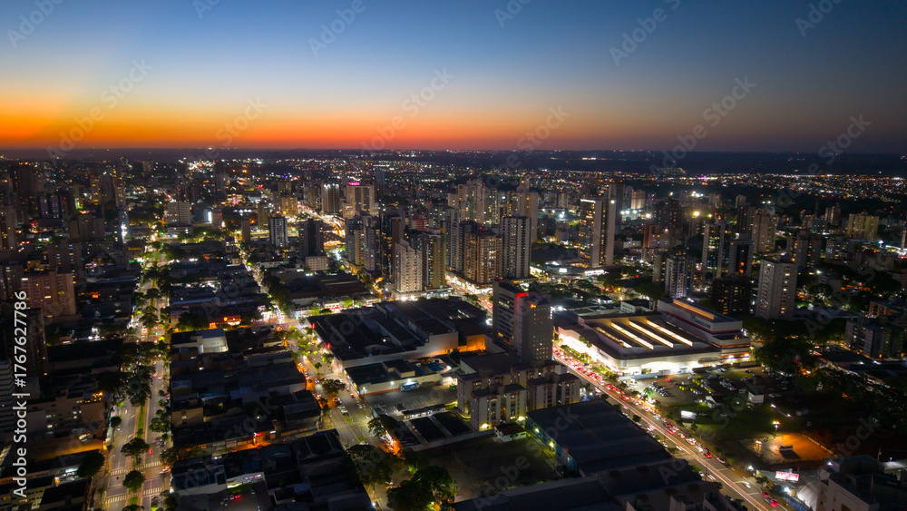 Fototapeta premium Aerial View of Maringa, Cathedral and downtown. Several buildings. Paraná, Brazil.