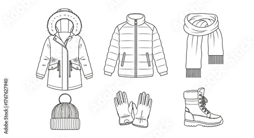 Winter fashion outline design: jacket, coat, scarf, hat, gloves, boots