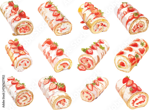 Watercolor Strawberry Swiss Rolls Clipart