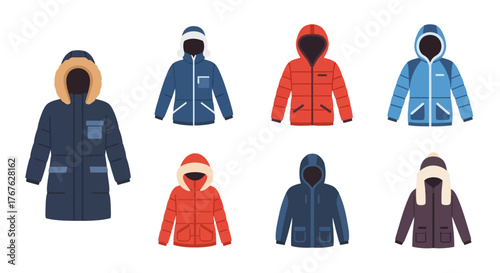 Winter coat collection with various designs and colors
