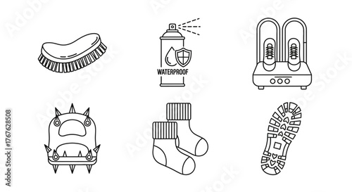Essential line icons for shoe care and maintenance gear
