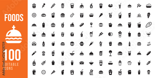 Collection of 100 simple black and white food and drink icons for design and illustration